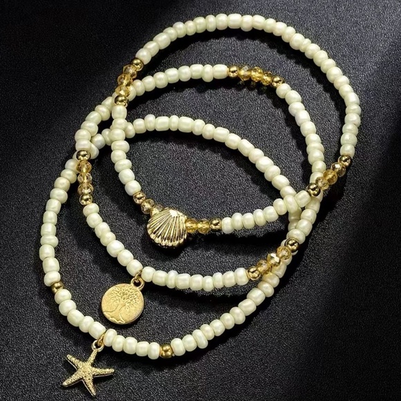 Jewelry - 3pcs Ocean Style Bead, Tree Of Life, Starfish, Shell, Multi-layer Women's Anklet